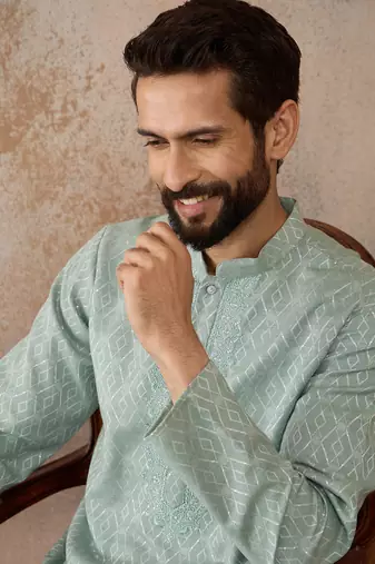 Mens green linen blend geometric woven design kurta with trouser