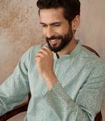 Mens green linen blend geometric woven design kurta with trouser