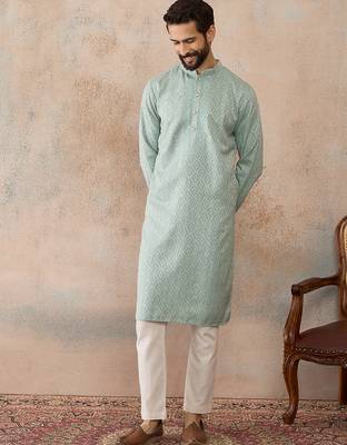 Mens green linen blend geometric woven design kurta with trouser 1