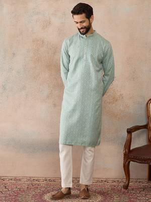 Mens green linen blend geometric woven design kurta with trouser 3
