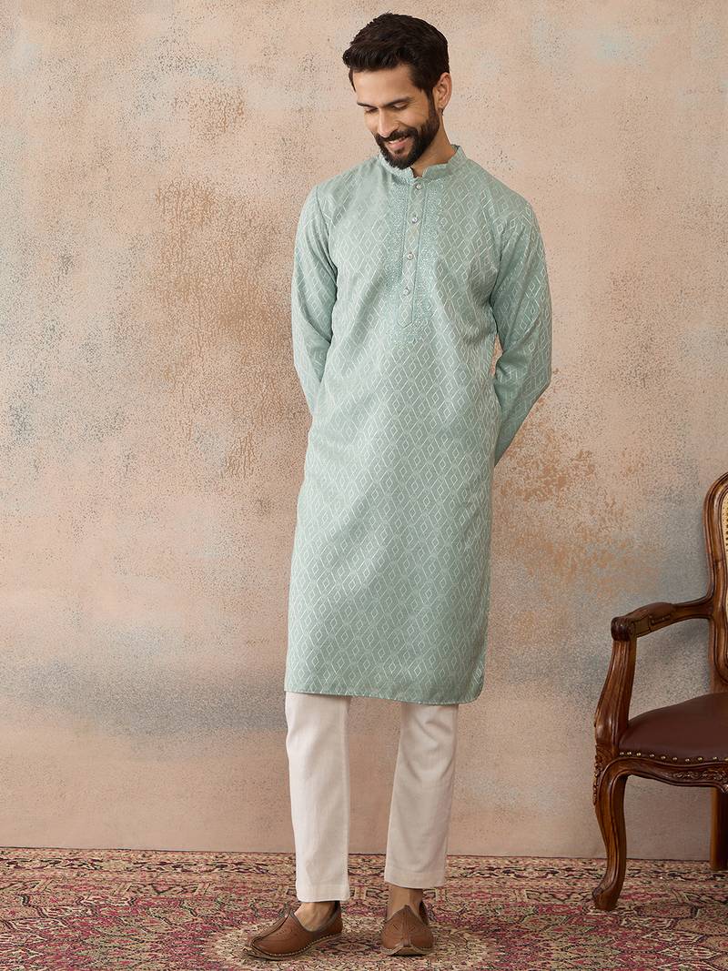 Mens green linen blend geometric woven design kurta with trouser