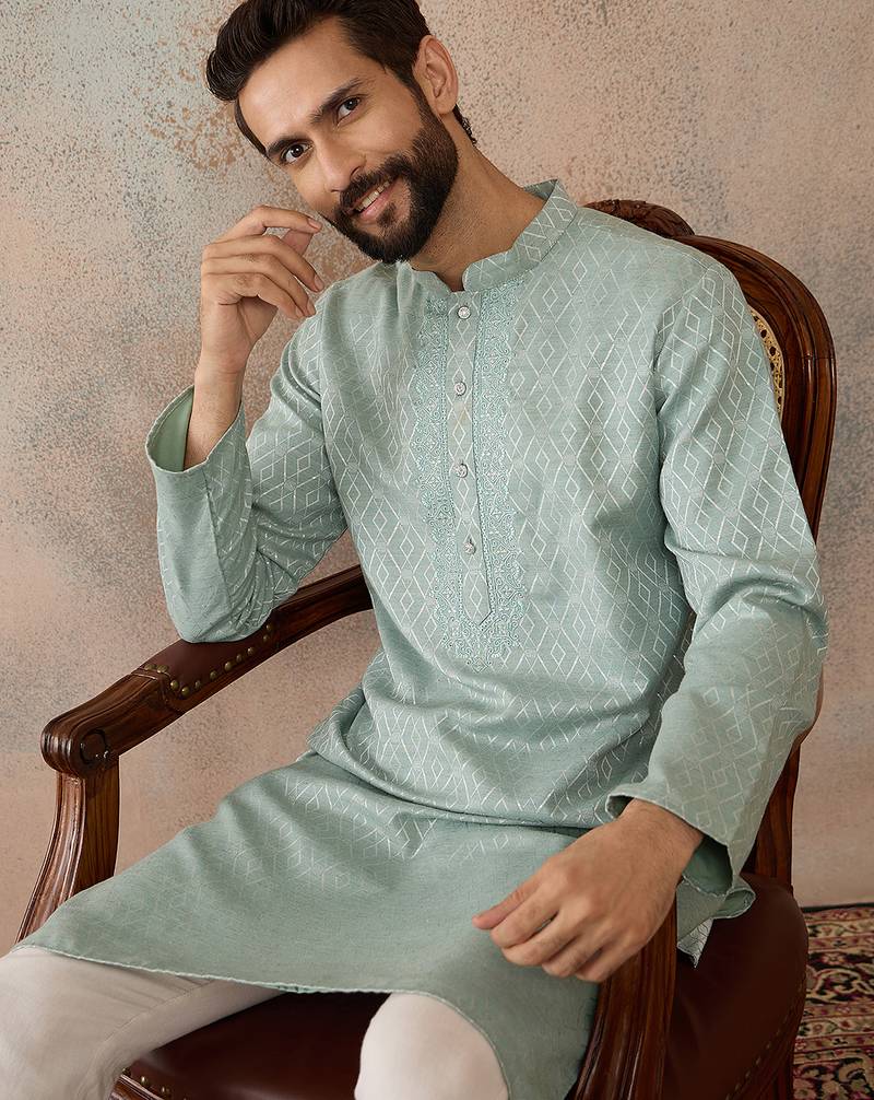 Mens green linen blend geometric woven design kurta with trouser
