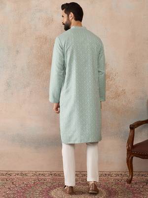 Mens green linen blend geometric woven design kurta with trouser 4