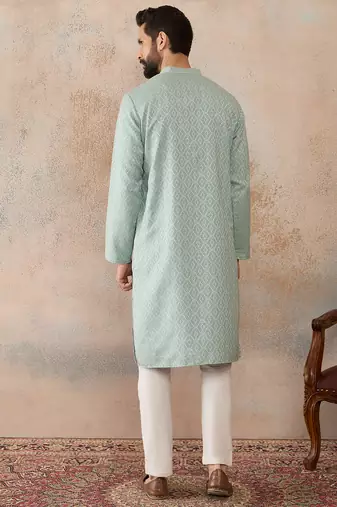 Mens green linen blend geometric woven design kurta with trouser