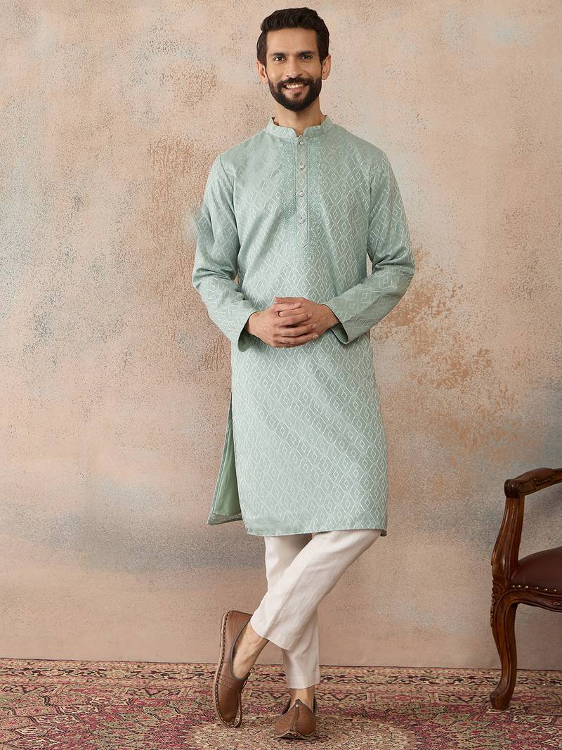 Mens green linen blend geometric woven design kurta with trouser