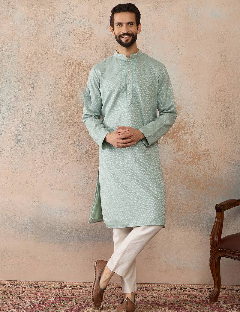 Mens green linen blend geometric woven design kurta with trouser