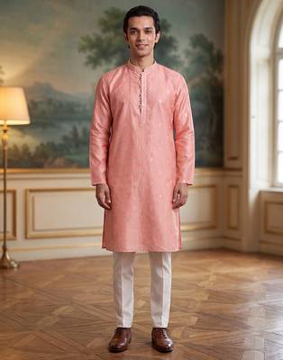 Mens pink jacquard ethnic motifs woven design kurta with trouser 1