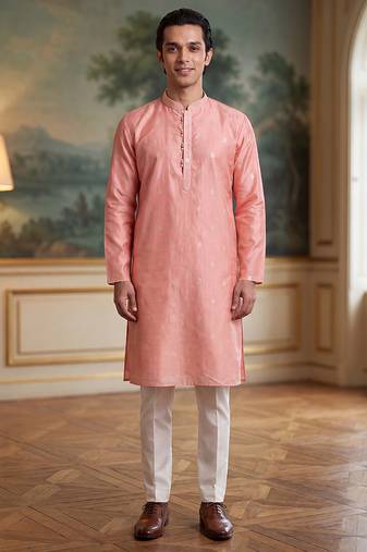Mens pink jacquard ethnic motifs woven design kurta with trouser