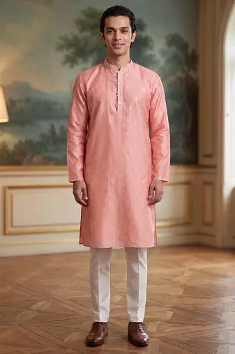 Mens pink jacquard ethnic motifs woven design kurta with trouser