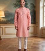 Mens pink jacquard ethnic motifs woven design kurta with trouser