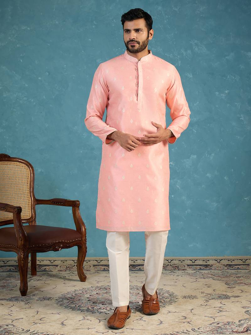 Mens pink jacquard ethnic motifs woven design kurta with trouser