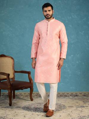 Mens pink jacquard ethnic motifs woven design kurta with trouser 3