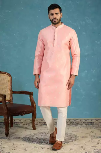 Mens pink jacquard ethnic motifs woven design kurta with trouser
