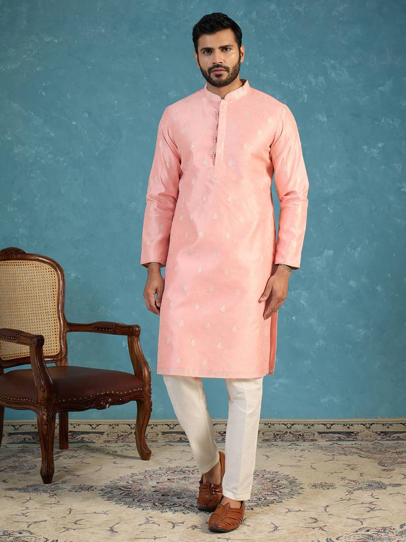 Mens pink jacquard ethnic motifs woven design kurta with trouser