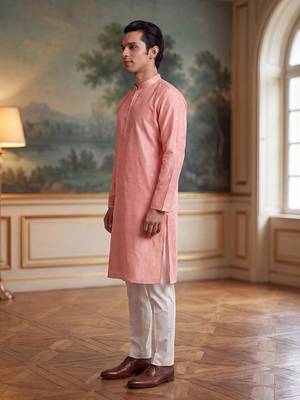 Mens pink jacquard ethnic motifs woven design kurta with trouser 3