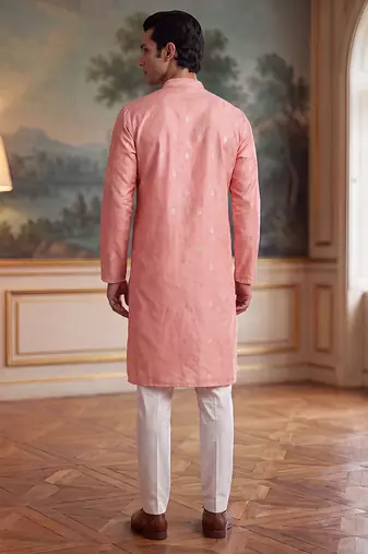 Mens pink jacquard ethnic motifs woven design kurta with trouser
