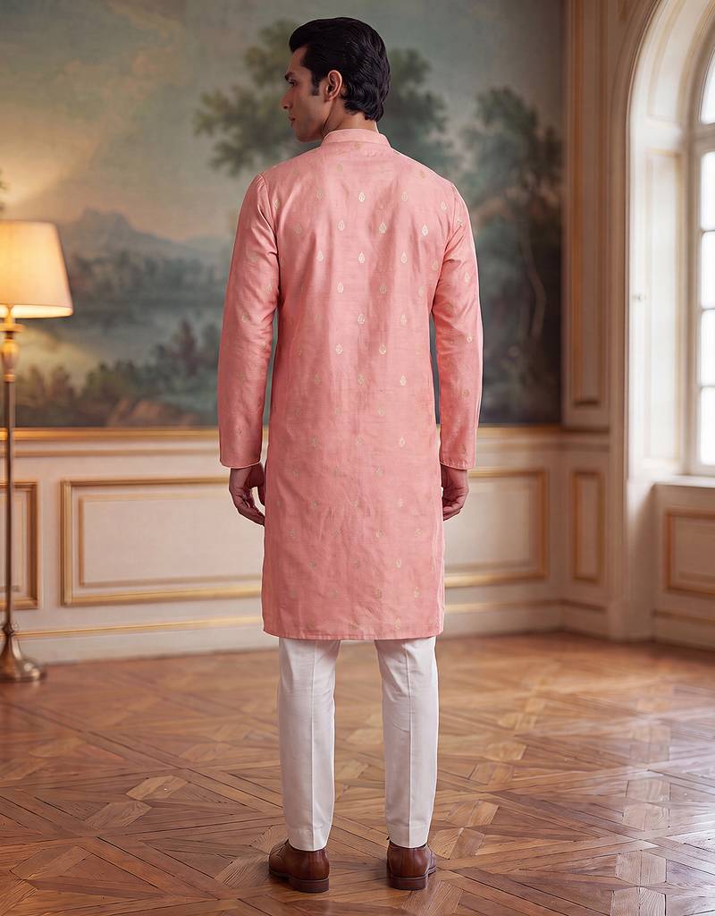 Mens pink jacquard ethnic motifs woven design kurta with trouser