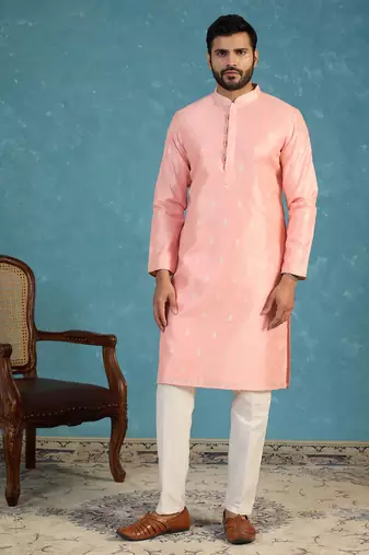 Mens pink jacquard ethnic motifs woven design kurta with trouser