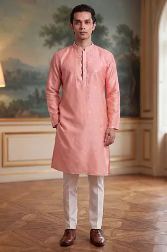 Mens pink jacquard ethnic motifs woven design kurta with trouser