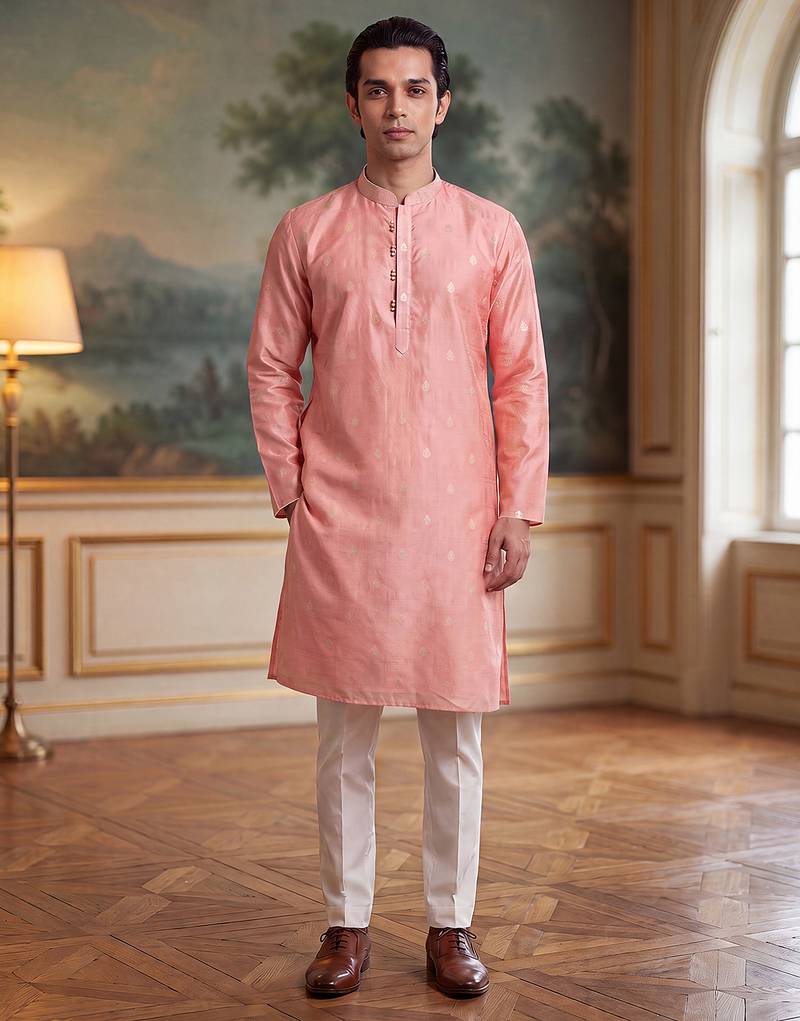 Mens pink jacquard ethnic motifs woven design kurta with trouser