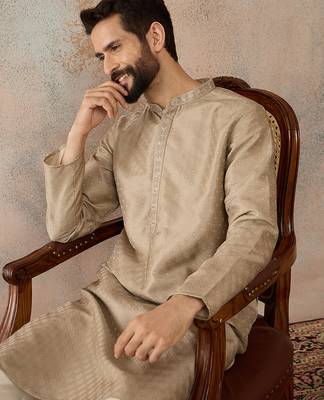 Men beige silk blend embroidered solid straight kurta with trousers 1