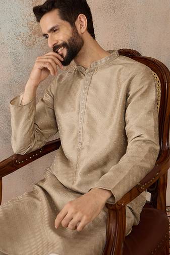 Men beige silk blend embroidered solid straight kurta with trousers