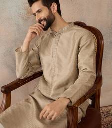 Men beige silk blend embroidered solid straight kurta with trousers