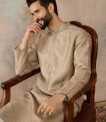 Men beige silk blend embroidered solid straight kurta with trousers