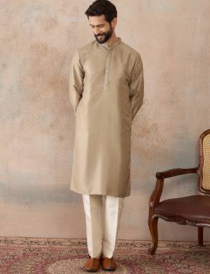 Men beige silk blend embroidered solid straight kurta with trousers 2