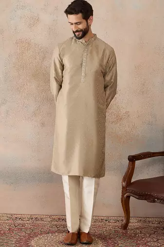 Men beige silk blend embroidered solid straight kurta with trousers