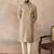 Men beige silk blend embroidered solid straight kurta with trousers