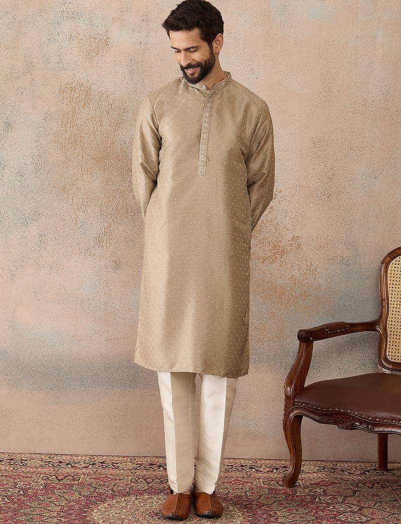 Men beige silk blend embroidered solid straight kurta with trousers
