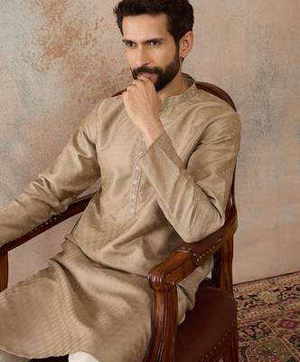 Men beige silk blend embroidered solid straight kurta with trousers 3