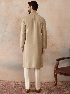 Men beige silk blend embroidered solid straight kurta with trousers 4