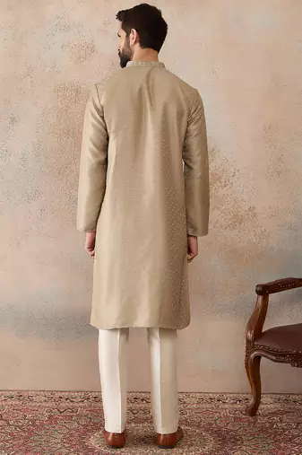Men beige silk blend embroidered solid straight kurta with trousers