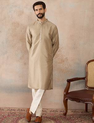 Men beige silk blend embroidered solid straight kurta with trousers 5