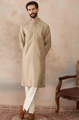 Men beige silk blend embroidered solid straight kurta with trousers