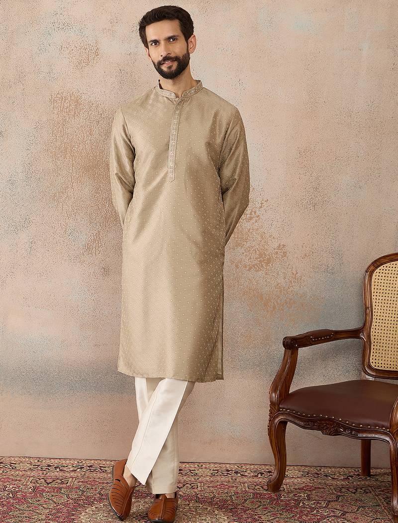 Men beige silk blend embroidered solid straight kurta with trousers