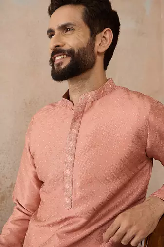 Men peach silk blend embroidered mandarin collar straight kurta with trousers