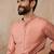 Men peach silk blend embroidered mandarin collar straight kurta with trousers