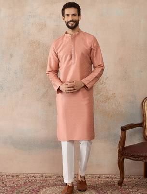 Men peach silk blend embroidered mandarin collar straight kurta with trousers 1