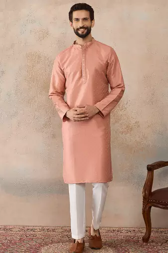 Men peach silk blend embroidered mandarin collar straight kurta with trousers