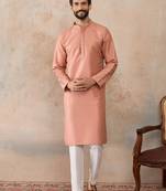 Men peach silk blend embroidered mandarin collar straight kurta with trousers