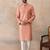Men peach silk blend embroidered mandarin collar straight kurta with trousers