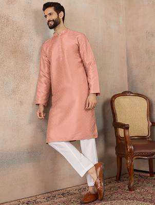 Men peach silk blend embroidered mandarin collar straight kurta with trousers 3