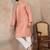 Men peach silk blend embroidered mandarin collar straight kurta with trousers