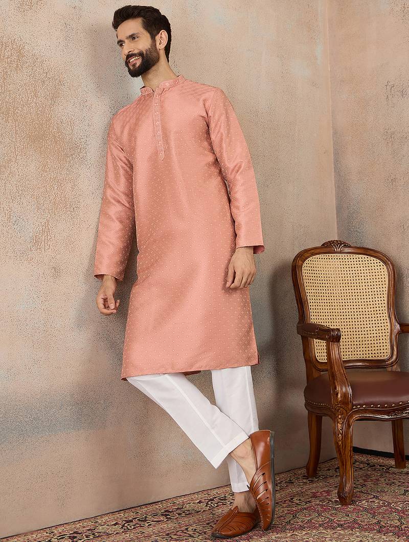 Men peach silk blend embroidered mandarin collar straight kurta with trousers