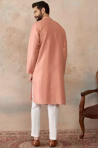 Men peach silk blend embroidered mandarin collar straight kurta with trousers