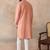 Men peach silk blend embroidered mandarin collar straight kurta with trousers
