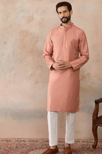 Men peach silk blend embroidered mandarin collar straight kurta with trousers
